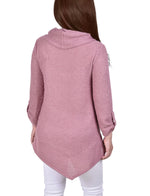 Long Roll Tab Sleeve Nubby Cowl Neck Top
