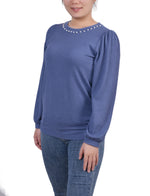 Long Sleeve Ribbed Pearl Trimmed Top