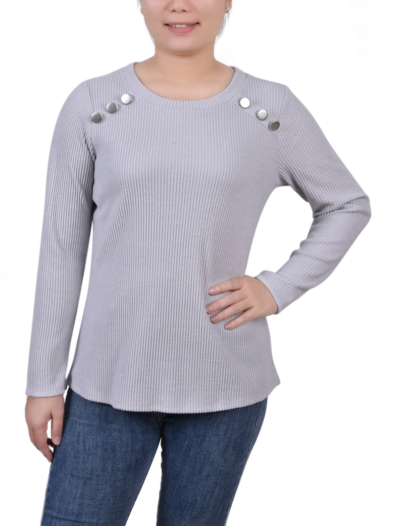 Long Sleeve Ribbed Button Detail Top
