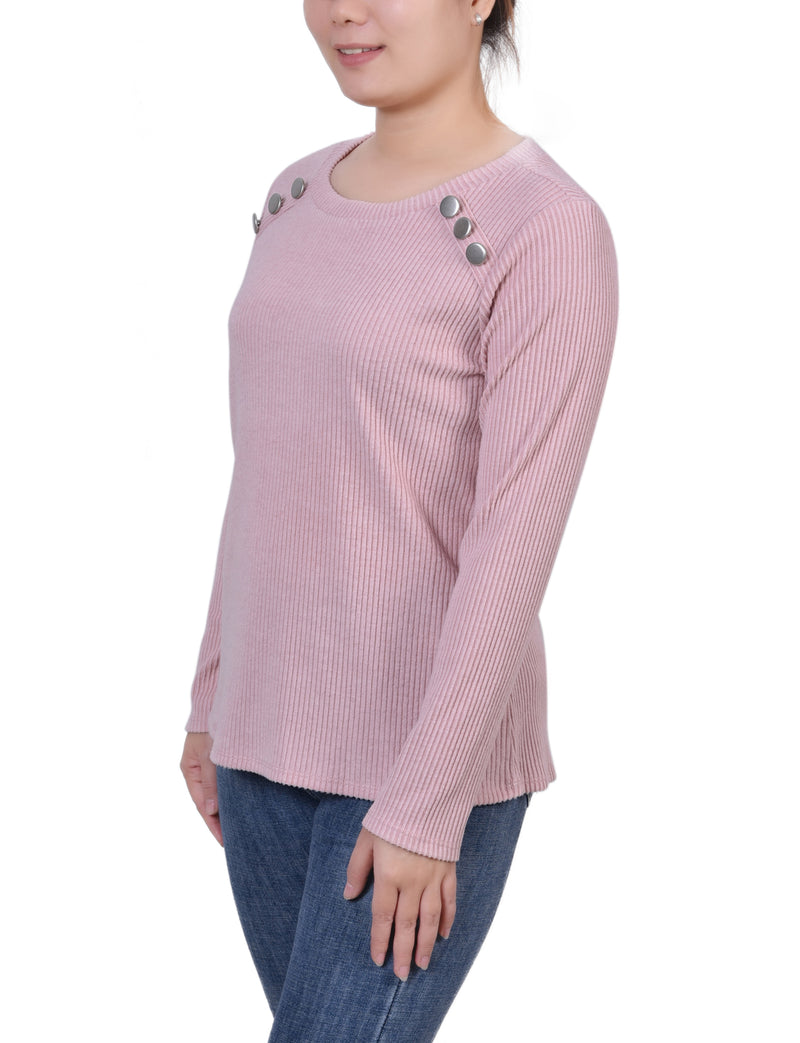 Long Sleeve Ribbed Button Detail Top