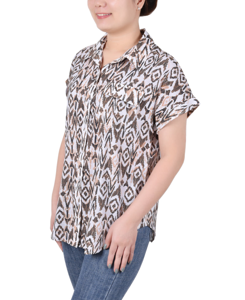 Short Rolled Sleeve Button Front Blouse