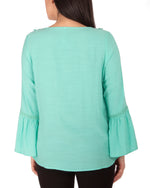 3/4 Sleeve V Neck Blouse With Crochet Trim And Tie