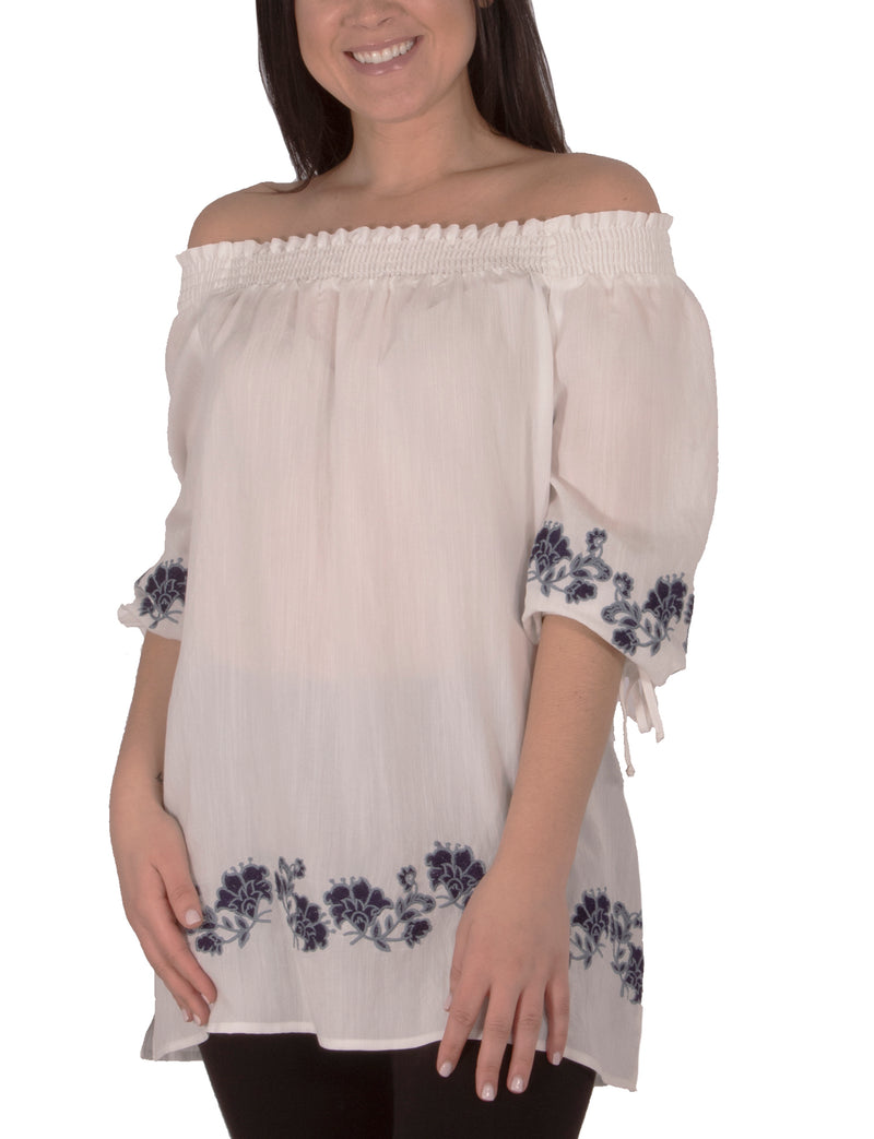 Embroidered Elbow Sleeve Peasant Blouse