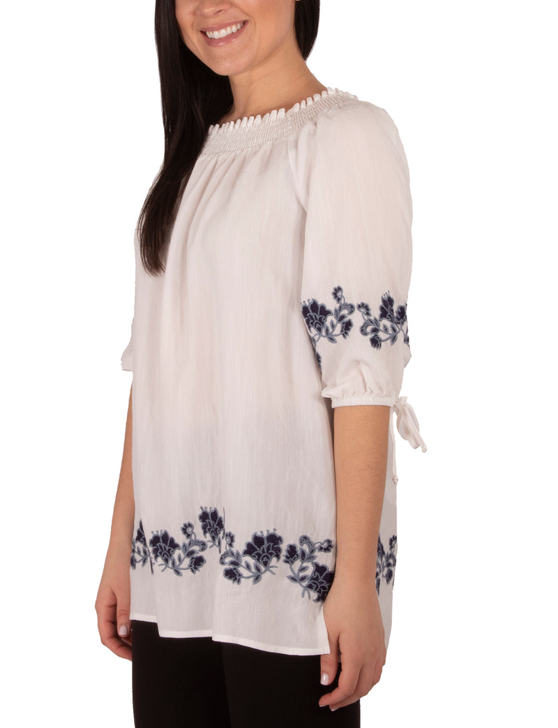 Embroidered Elbow Sleeve Peasant Blouse