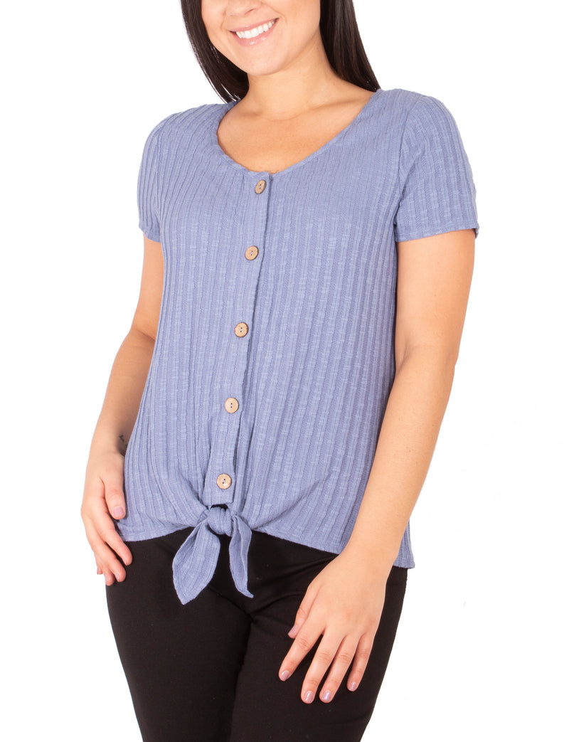 Short Sleeve Button Front Top With Tie At Hem