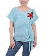 Short Sleeve Embroidered Tie Front Top