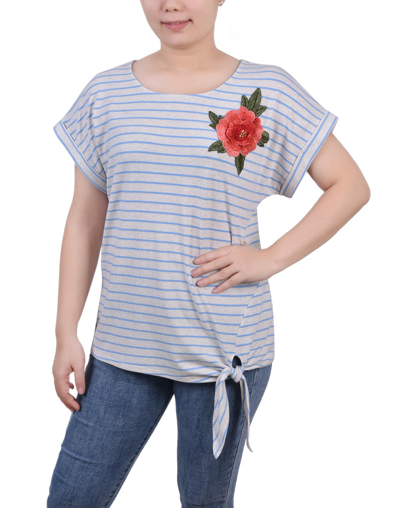 Short Sleeve Embroidered Tie Front Top