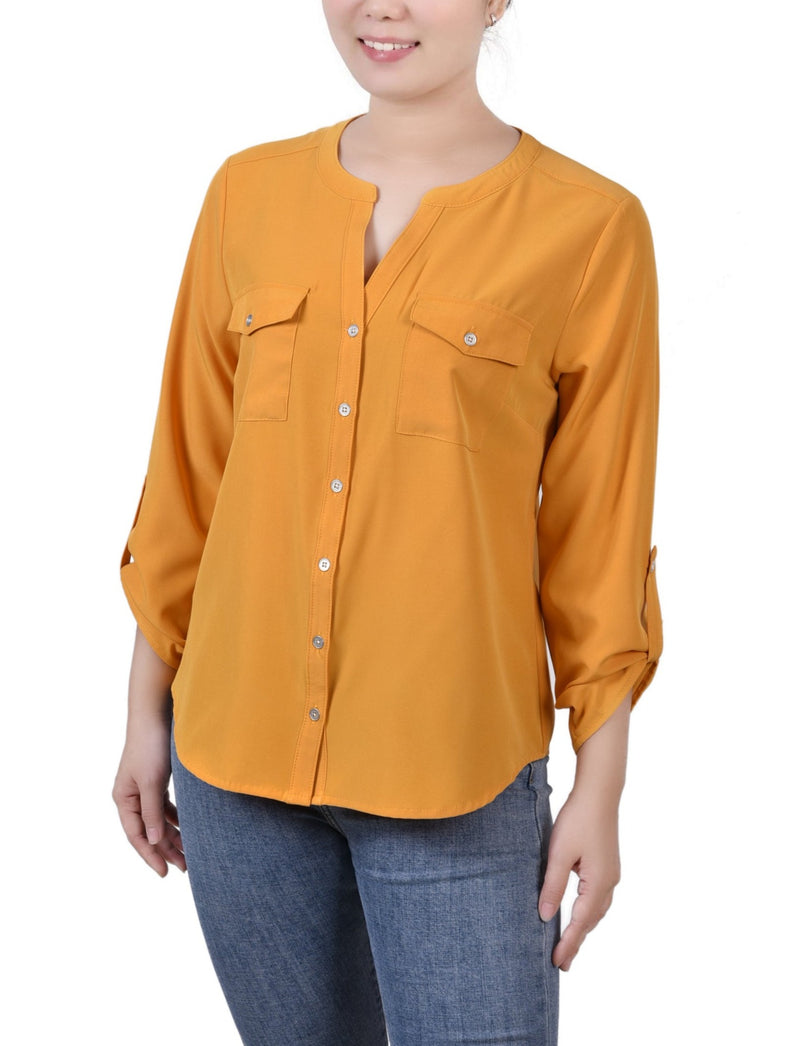 3/4 Sleeve Roll Tab Y Neck Blouse