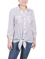 Long Roll Tab Sleeve Tie Front Blouse