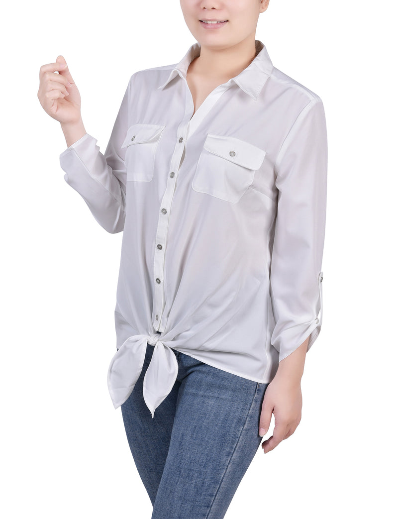 Long Roll Tab Sleeve Tie Front Blouse