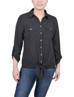 Long Roll Tab Sleeve Tie Front Blouse