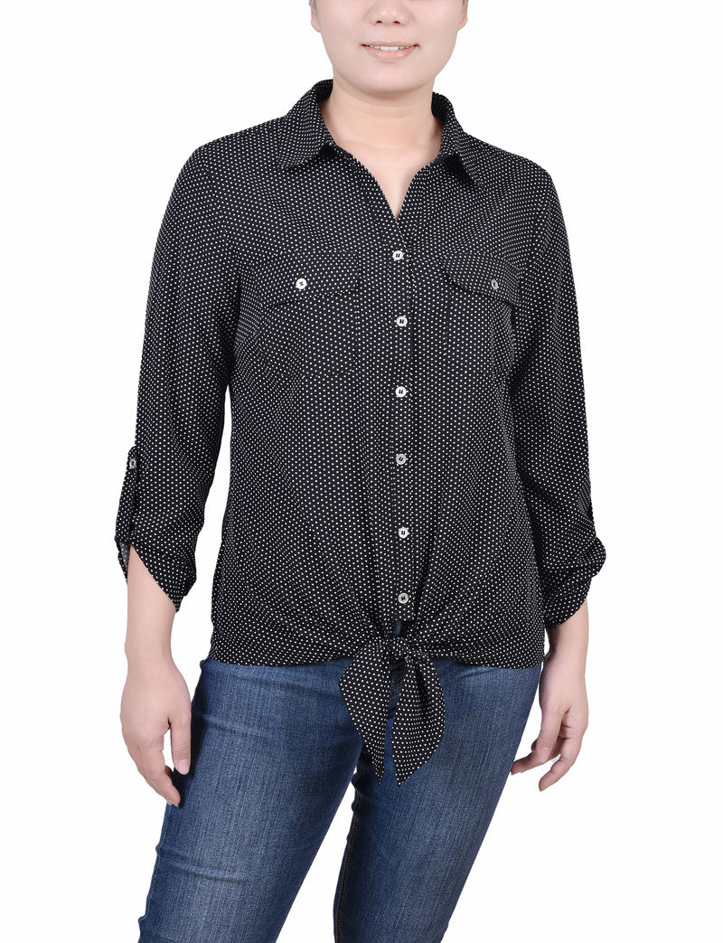 Long Roll Tab Sleeve Tie Front Blouse