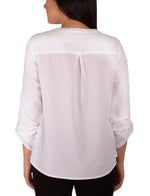 Solid Mandarin Collar Y Neck Blouse With Ruched Tabbed Sleeves