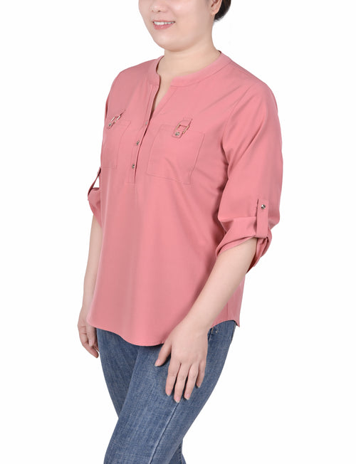 3/4 Tabbed Sleeve Y Neck Blouse