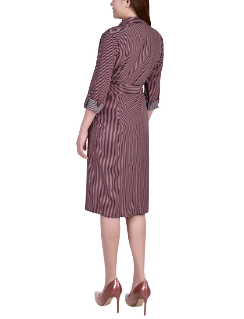 3/4 Belted Rolled Tab Sleeve Shirtdress With Patch Pockets