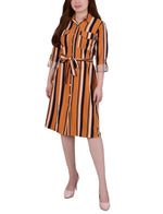 3/4 Belted Rolled Tab Sleeve Shirtdress With Patch Pockets