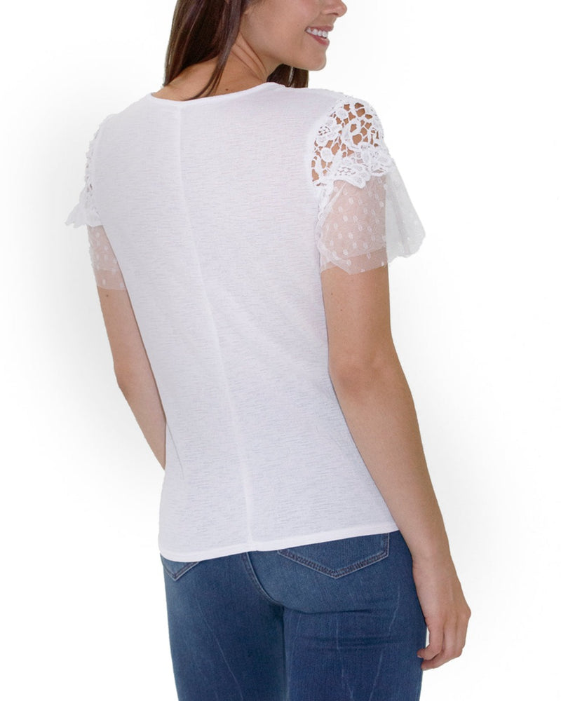 Petite Short Point De Sprit Sleeve Top With Crochet Detail And Knotted Hem