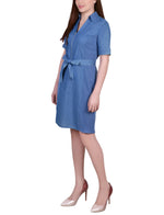 Petite Short Sleeve Belted Chambray Dress