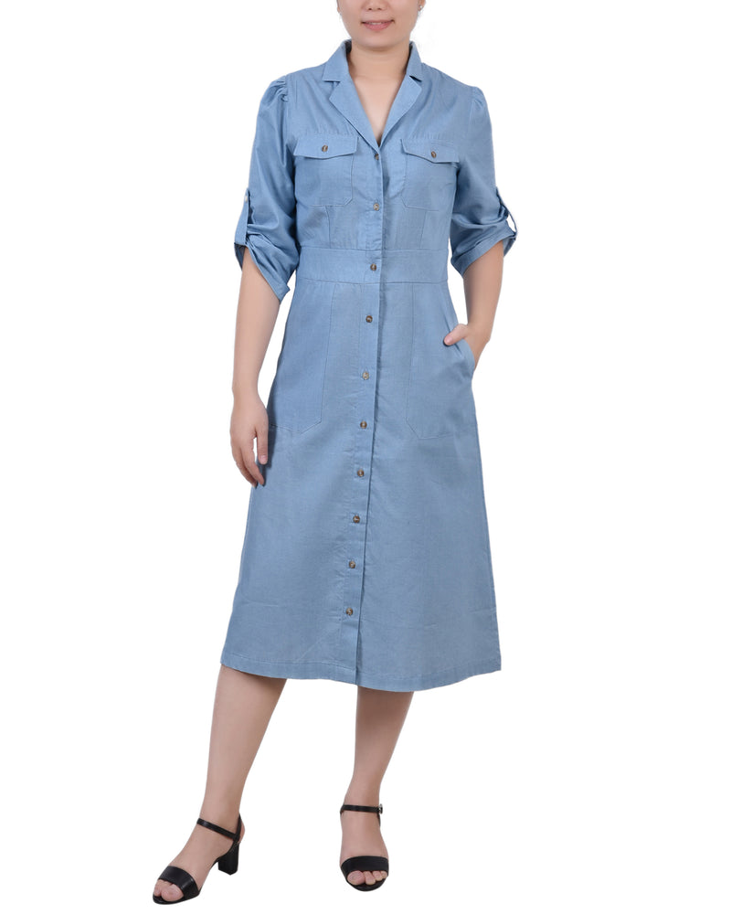 Petite 3/4 Roll Sleeve Chambray Button Front Dress