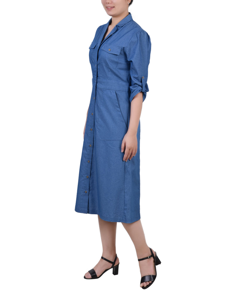Petite 3/4 Roll Sleeve Chambray Button Front Dress