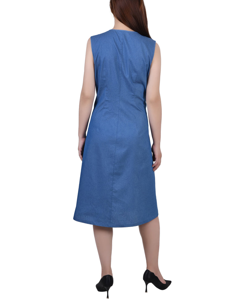 Petite Sleeveless Belted Chambray Dress