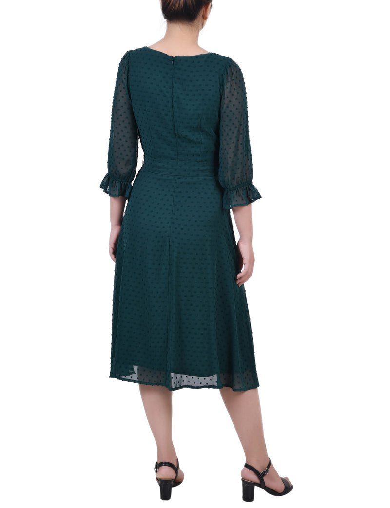 Petite 3/4 Sleeve Belted Swiss Dot Dress