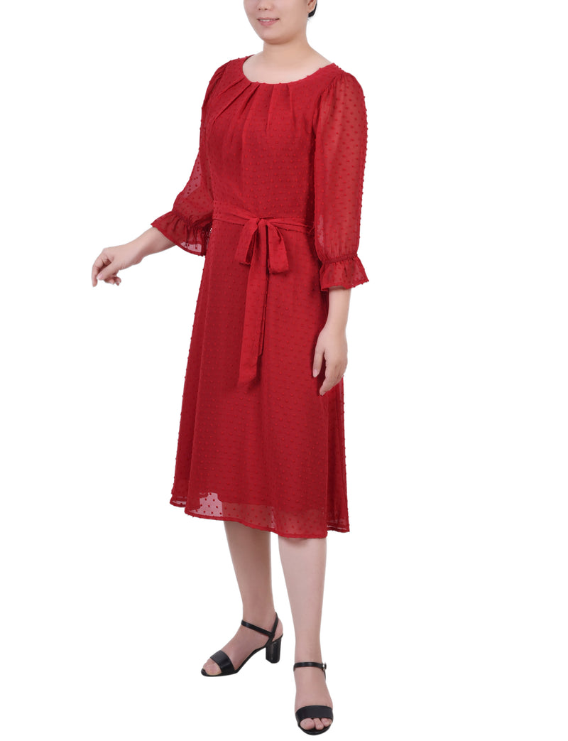 Petite 3/4 Sleeve Belted Swiss Dot Dress