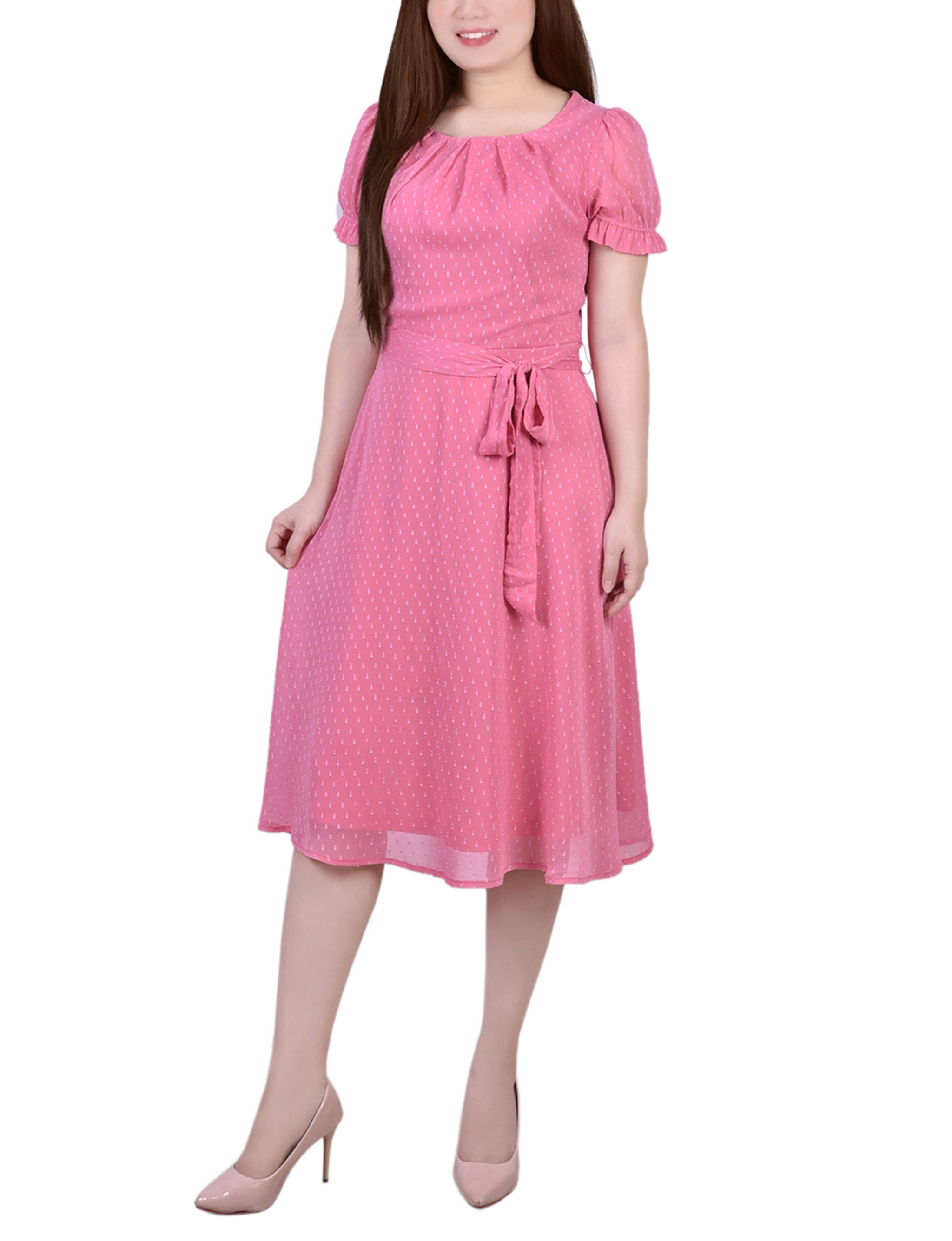 Petite Short Sleeve Belted Swiss Dot Dress – NY COLLECTION Petite Short Sleeve Belted Swiss Dot Dress – NY COLLECTION