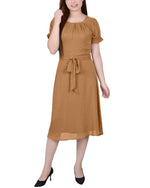 Petite Short Sleeve Belted Swiss Dot Dress