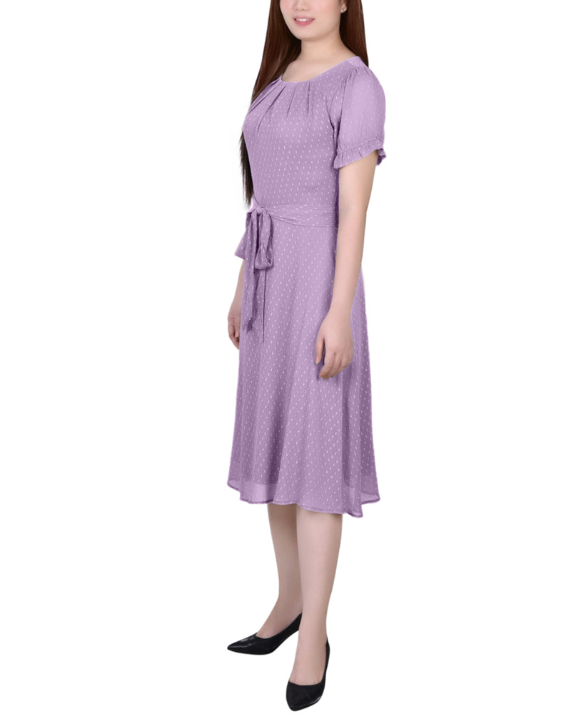Petite Short Sleeve Belted Swiss Dot Dress