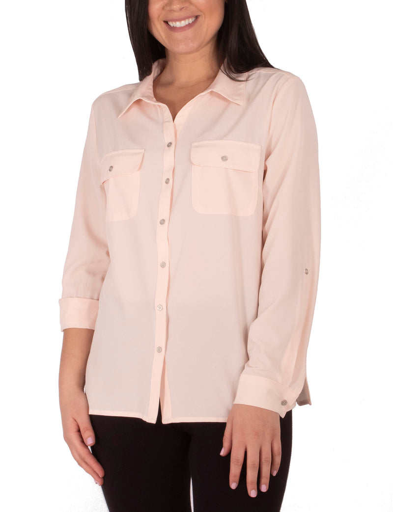 Petite Long Sleeve Y Neck Blouse With Flap Pockets