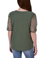 Petite Elbow Sleeve Crepe Top With Mesh Dotted Sleeves