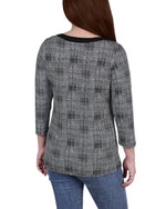 Petite 3/4 Sleeve Top With Combo Bands And Front Cutout