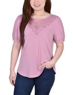 Petite Short Puff Sleeve Top With Lace