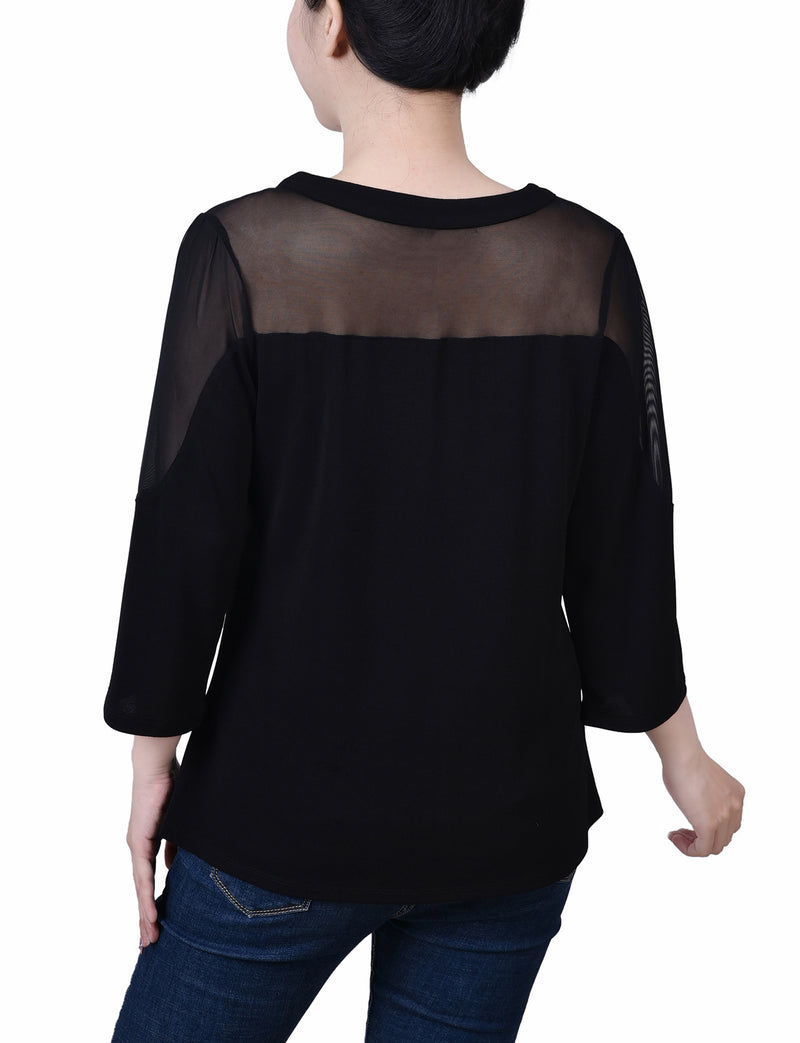 Petite 3/4 Sleeve Top With Neckline Cutouts and Stones