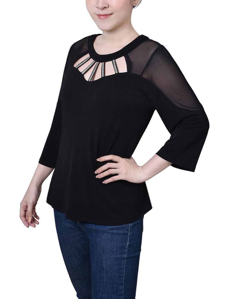 Petite 3/4 Sleeve Top With Neckline Cutouts and Stones