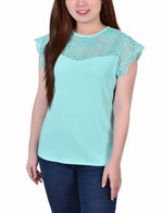 Petite Crepe Knit Top With Lace Flanged Sleeve and Yoke