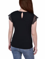 Petite Crepe Knit Top With Lace Flanged Sleeve and Yoke