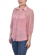 Petite Elbow Sleeve Clip Dot Blouse With Camisole