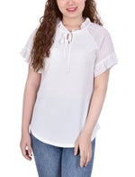 Petite Short Ruffled Sleeve Crepe Knit Top With Chiffon Sleeves