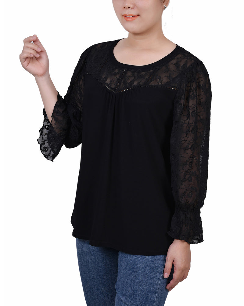 Petite 3/4 Sleeve Crepe Top With Embroidered Mesh Yoke And Sleeves