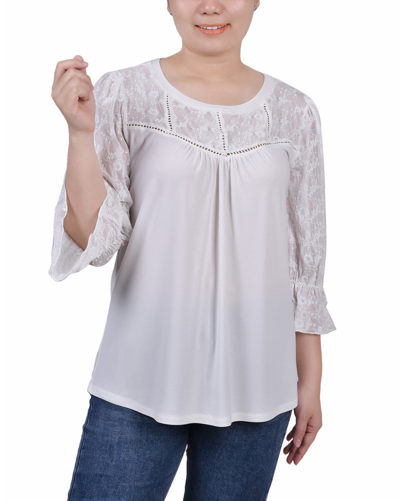 Petite 3/4 Sleeve Crepe Top With Embroidered Mesh Yoke And Sleeves