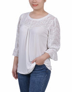 Petite 3/4 Sleeve Crepe Top With Embroidered Mesh Yoke And Sleeves