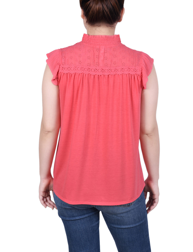 Short Flutter Sleeve Crepon Blouse