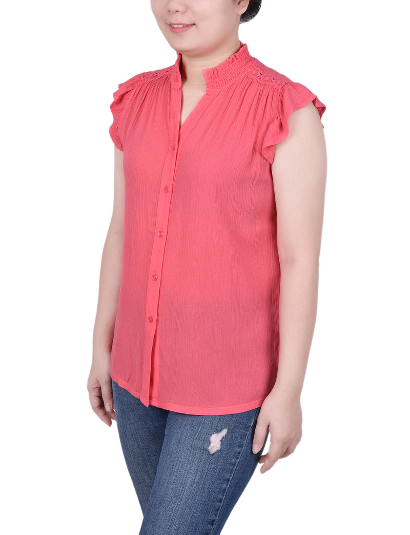 Short Flutter Sleeve Crepon Blouse