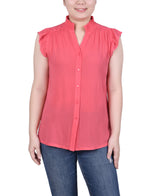 Short Flutter Sleeve Crepon Blouse