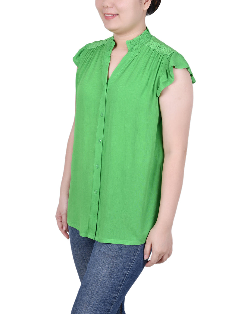 Short Flutter Sleeve Crepon Blouse