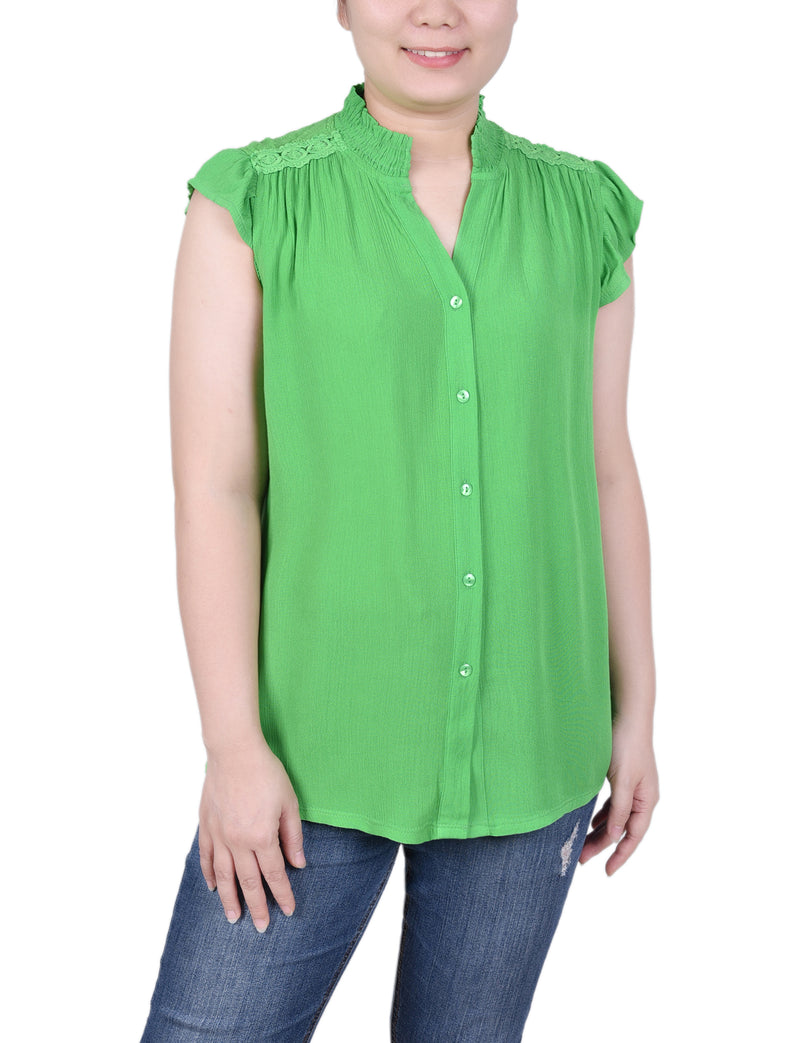 Short Flutter Sleeve Crepon Blouse