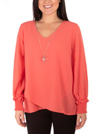 Petite Long Sleeve Overlapping Crepe Blouse Wth Necklace