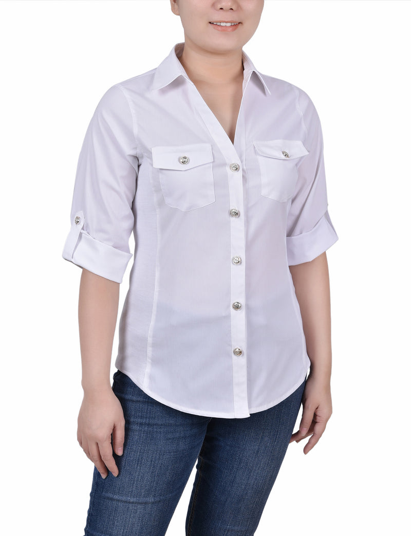 Petite Roll Tab Blouse With Rib Insets
